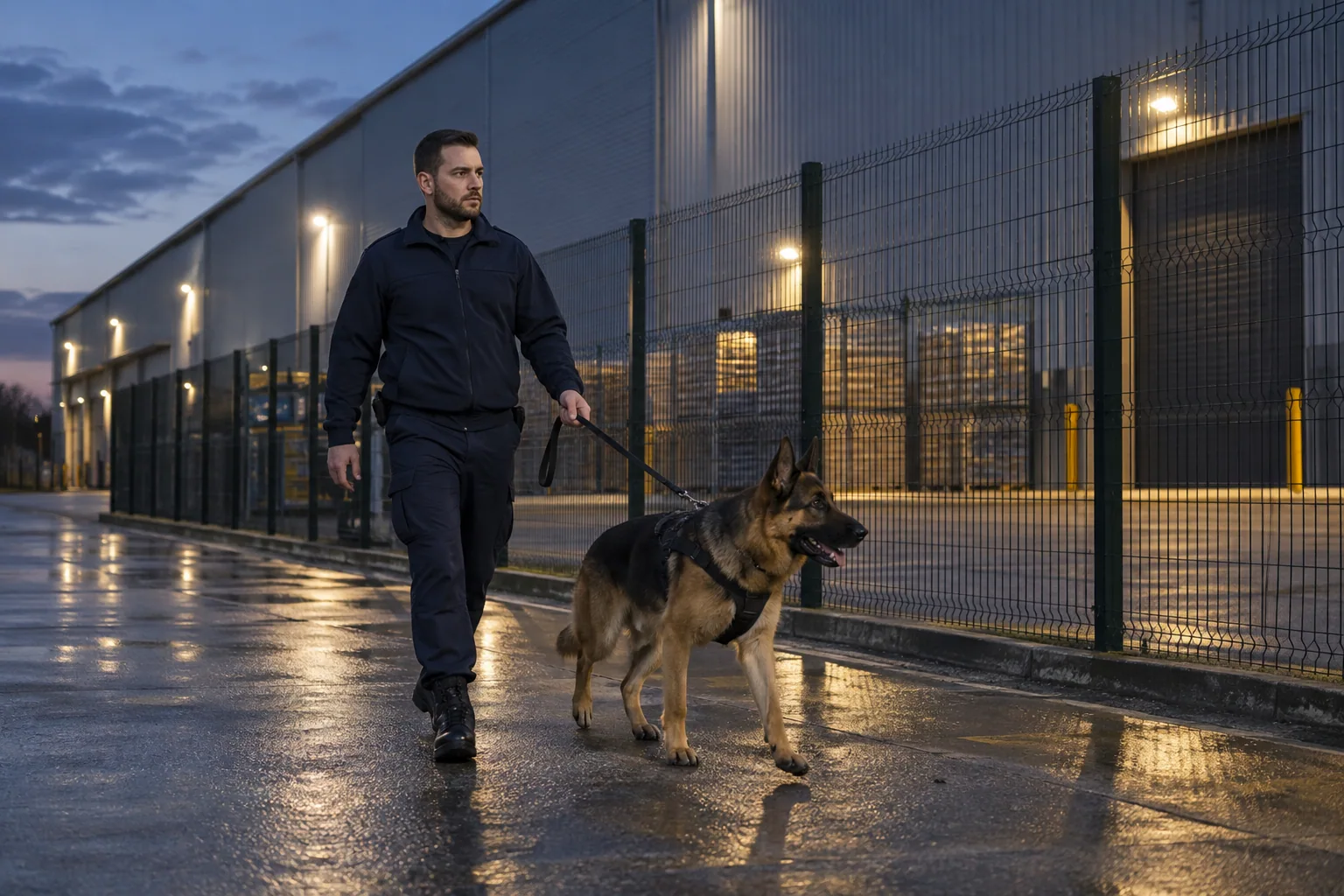 Illustration of a handler and security dog